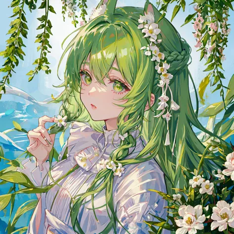 green hair， Ears dotted with white flowers ， Long hair tied into a small bag hanging under the ear，Cute girl，Green Eyelids ，Pink lips，profile