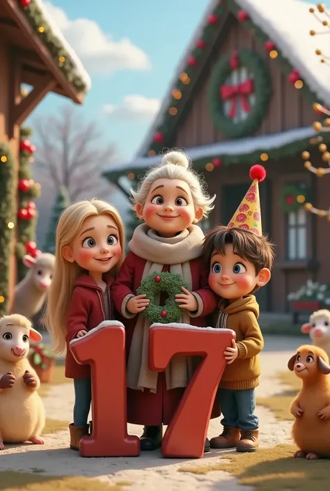 Image with the number "17" , a farm with animals, a sister who has blond hair and blue eyes and a brother who has brown hair and hazel eyes and a grandma with brown hair, blue eyes and a birthday hat, Pixar style and Christmas