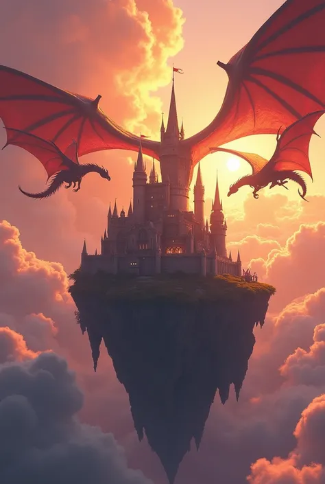 a medieval castle,  with tall towers and undulating flags , floating above a rock island .  Clouds in shades of orange and pink surround the structure as dragons soar above the sky in a vibrant sunset.