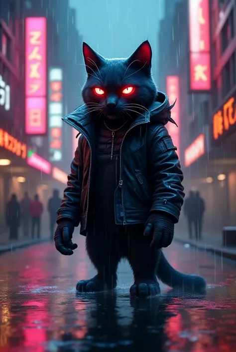 IMG_7821.CR2: Create a dynamic cyberpunk-themed design featuring a gangster cat with neon-lit cybernetic enhancements. The character stands confidently in the rain, wearing a futuristic leather jacket adorned with glowing blue circuitry. One of its cyberne...