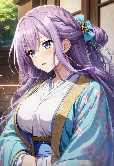 1 girl, purple hair, long hair, hair tied in a long braid, lilac-blue eyes, huge chest, hanfu, CG