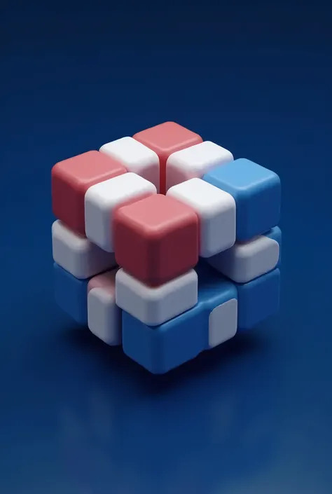 3D magic cube 3x3x3 in the colors white ,  red and blue on the navy blue background 
