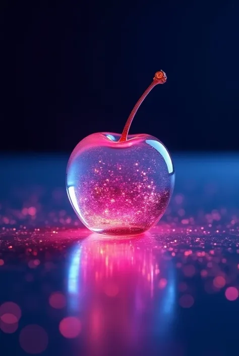  a red glass cherry on a table, 8k,  food photography style , glass cherry , bioluminescent,color, glow, liquid, glowing,  appetizing , Professional,  culinary ,  high-resolution ,  commercial , highly detailed,neon hue , full of color,  background black w...