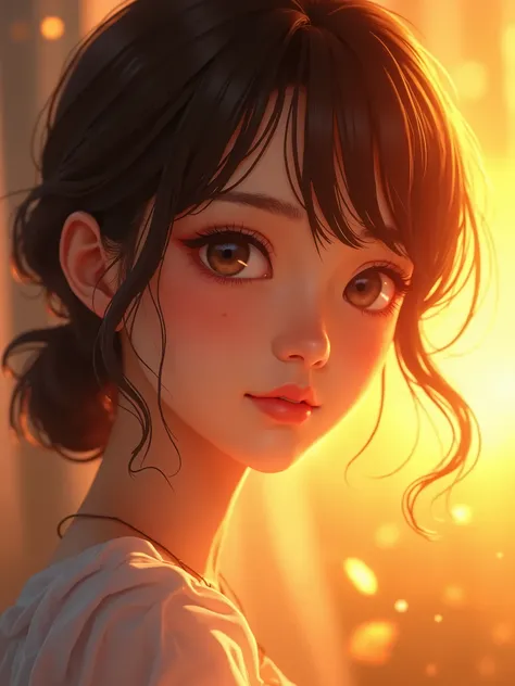 an anime girls face glowing in golden sunlight