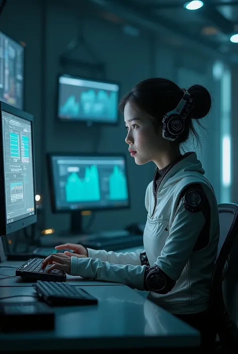 18 year old Asian girl,  futuristic character ,  could be a human robot with elven ears ,  working in front of a computer in dim lighting conditions ,  technology-filled environment .  character is minimalist , Mechanical character ,  with metallic and cyb...