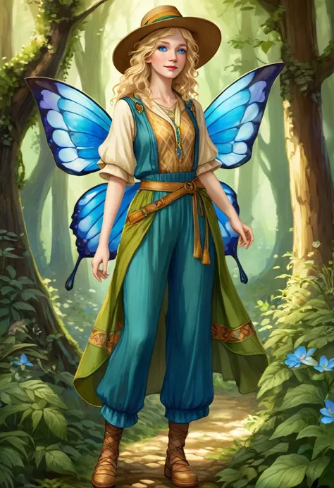 This forest-dwelling fairy is female with blue eyes, a pale complexion, and wavy golden-blond hair cut short.  She is short and is fairly muscular.  She wears a pair of long patchwork trousers, a tunic with mid-length sleeves, and a pair of shoes.  She als...