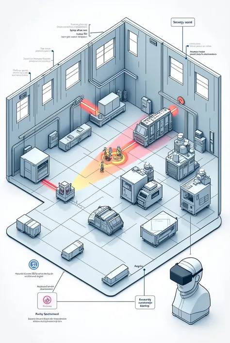 a diagram depicting a factory floor that is monitored by a security camera that is connected to a security system that sends an alert signal to a bracelet and dictates what it should do in an augmented reality headset