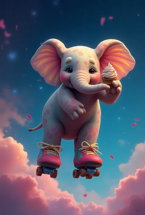 a colorful elephant riding skates in Outer Space while it sucks ice cream