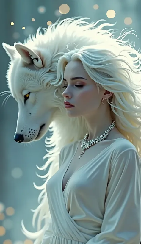 白い狼のGuardian spirit、White wolf and woman、Wolf protecting women、Pale and beautiful aura、Guardian spirit