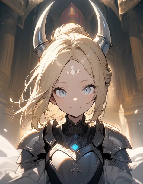 Close Up, One Person, Light Blonde Hair, Updo Hair, Light White Eyes, Two Silver Horn, Holy Armour, Elegant Girl, White Aura, Black Bodysuit, Pov, No Bangs, Blue Hairpin, Holy Mark on Forehead, Palace, Smile, Wide Eye, Clear Robe