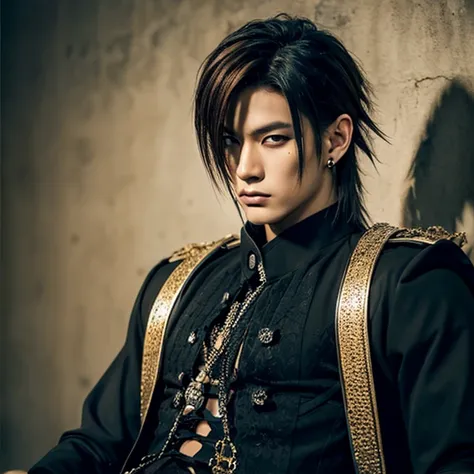 1 man, male, Japanese man, Visual Kai hairstyle, ultra detailed face and body, hyperrealistic, realistic representation, muscular, broad shoulders, tattoos gothic style, piercings, Visual Kei style, hairstyle Visual Kei, blond, long hair, 40 years old, age...