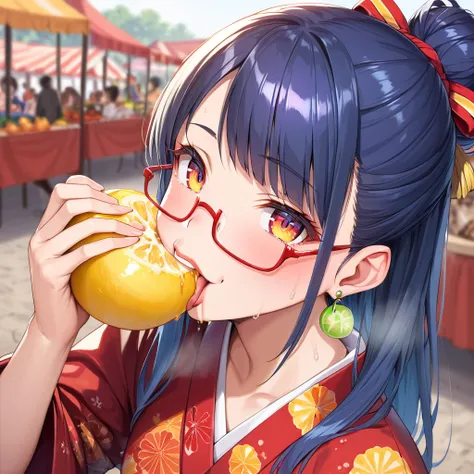 Anime cap, pro shot, top angle, perfect body, leaning forward, gaze to viewer, mature woman, (red yukata with lemon print: 1.5), (eating grapefruit: 1.5), (festival stall: 1.5), (blue sapphire eyes, very complex and precise eyes, big round droopy eyes (eye...