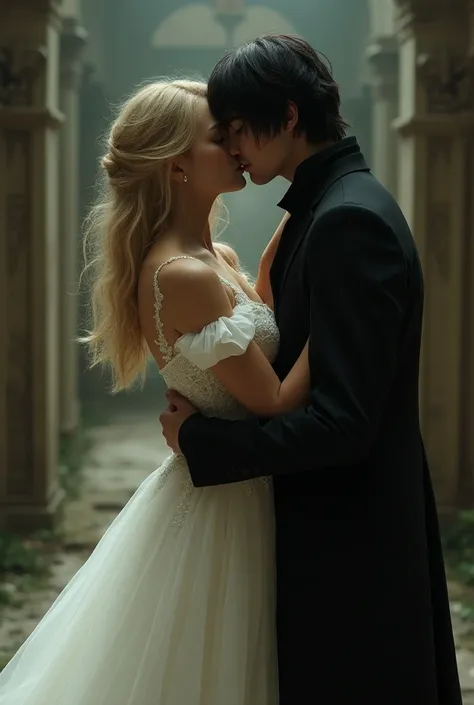 Hyperrealistic fantasy style with Gothic art ,  a Woman with loose, long and wavy golden hair, golden eyes,  in a white dress kisses a white man with straight black hair,  dressed elegantly with a black coat with a high collar , and black clothes.