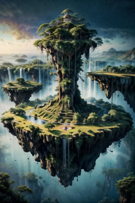 /A Mysterious mysterious island above the sky,/ Rainforest, mist, Clouds Surrounding the Island ,  Waterfall Falling from the Sky , Mysterious雰囲気, Floating Island , /Mysterious,  Fantasy ,  digital art, Intricate details, 8k, Realistic,   Hyperrealistic  ,...