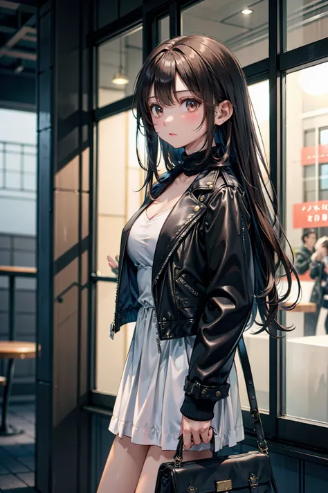 masterpiece, Best Quality,  high res,One Woman, Accurate human body、Five fingers correctly,Long Hair,woman in a white dress and black jacket carrying a black purse, very aesthetic leather jacket, wearing a turtleneck and jacket, leather, styling, Stylish, ...