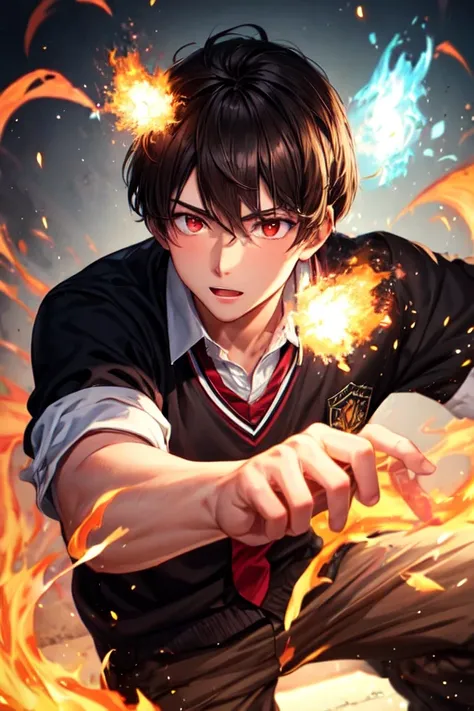 30-year-old boy with dark brown hair and black skin and bright red eyes in school clothes and with pyrokinesis powers