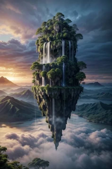 /a mysterious mysterious island above the sky,/ rainforest, mist, clouds surrounding the island ,  waterfall falling from the sk...