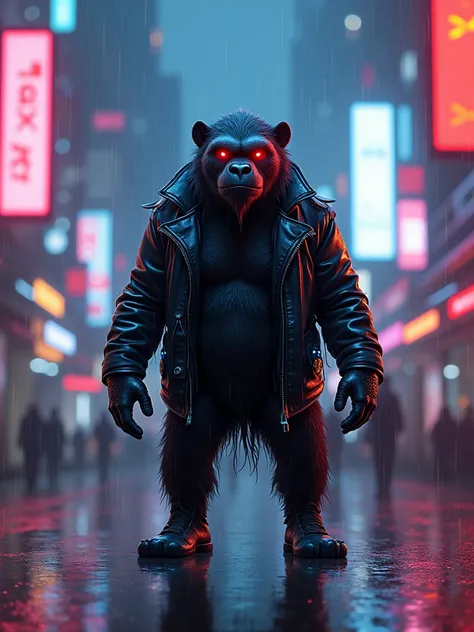 IMG_7821.CR2: Create a dynamic cyberpunk-themed design featuring a gangster “pitbull blend APE”with neon-lit cybernetic enhancements. The character stands confidently in the rain, wearing a futuristic leather jacket adorned with glowing blue circuitry. One...