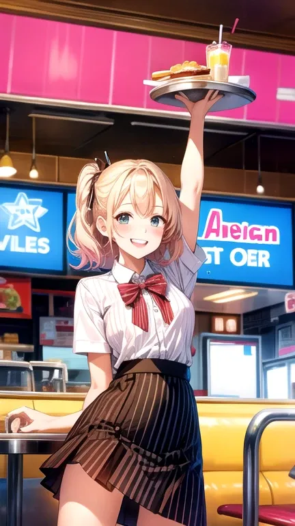 American Diners uniform 、Waitress、Young woman、beautiful girl、 Two Side Up 、Roller skating、 holding a tray in one hand 、 cream soda on the tray 、 American Diner interior background 、 skirt flipped over and panties visible、 white cotton ribbon panties 、Smili...