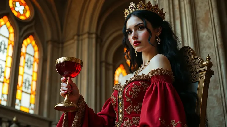 Art Nouveau style, close-up portrait of a regal vampire lady on an ornate gothic balcony. She holds a golden goblet filled with ruby wine, her expression serene and powerful. The balcony is elaborately carved with gothic motifs, and in the background, stai...