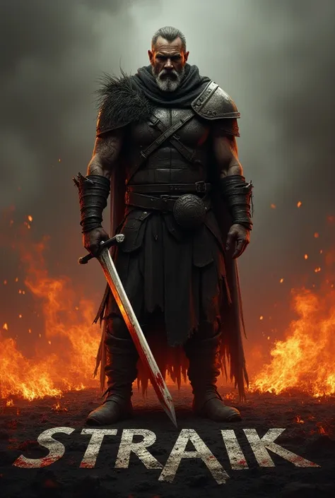 A warrior with a sword. covered in blood. flames behind. "STRAIK" is written on the ground in front of it. dark fantasy