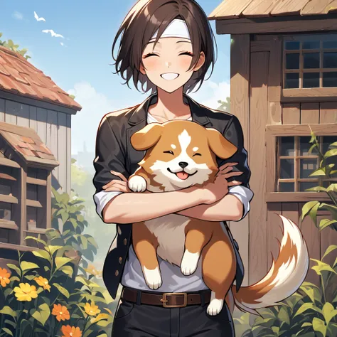 1 female, smiling, short hair, dark hair, shirt, gloves, closed eyes, fingerless gloves, smiling, hugging, dark skin, ((black jacket with rolled up arms)), ((white headband)), white T-shirt, black slacks, brown belt, animal, dog, being hugged by animal, bl...