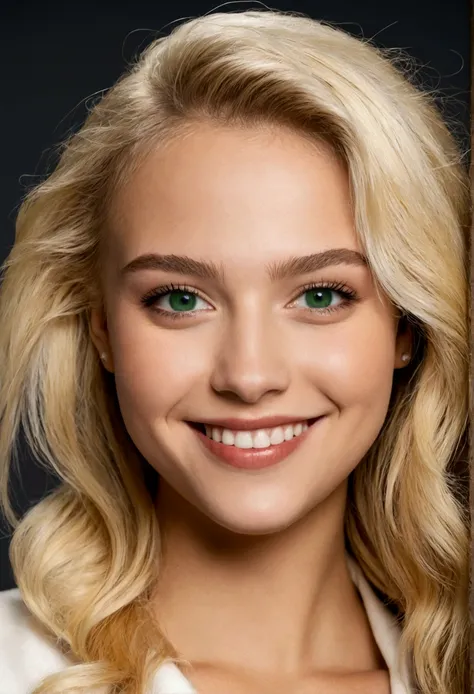 Generate a smiling 21-year-old blonde with green eyes