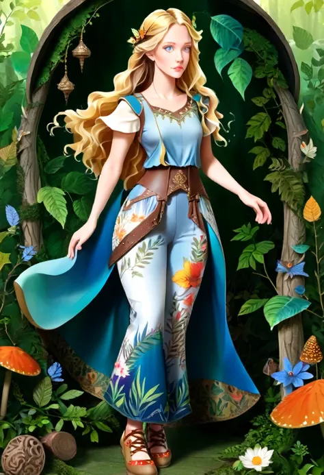 This forest-dwelling fairy is female with blue eyes, a pale complexion, and wavy golden-blond hair cut short.  She is short and is fairly muscular.  She wears a pair of long patchwork trousers, a tunic with mid-length sleeves, and a pair of shoes.  She als...