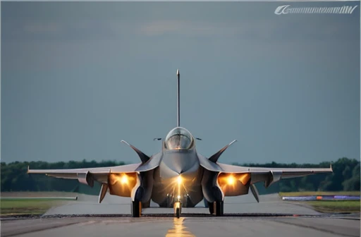 Medium Shot, side view, (Tornado fighter jet taking off, afterburners ignited, heat waves visible), soft golden hour light, (runway lights reflecting off wet tarmac, distant hangars), (35mm lens, Canon 5D Mark IV, sharp, vivid details, professional, aviati...