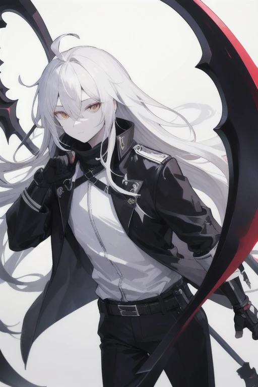  1male, solo, bigchest, feminine, white skin, white eyes, black sclera, ahoge, absurdly long hair, white hair, expressionless, white gauntlets, Holding Scythe, black scythe, inky scythe, hair over eyes, hair between eyes, (white jacket:1.1), Electric, ener...