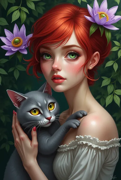  Woman with red hair short hair green eyes {x} Woman,  gray cat with yellow eyes . Passionflower  