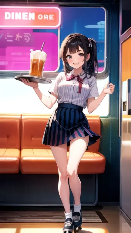 American Diners uniform 、Waitress、Young woman、beautiful girl、 Two Side Up 、Roller skating、 holding a tray in one hand 、 cream soda on the tray 、 American Diner interior background 、 skirt flipped over and panties visible、 white cotton ribbon panties 、Smili...