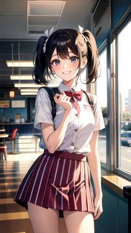 American Diners uniform 、Waitress、Young woman、beautiful girl、 Two Side Up 、Roller skating、 holding a tray in one hand 、 cream soda on the tray 、 American Diner interior background 、 skirt flipped over and panties visible、 white cotton ribbon panties 、Smili...