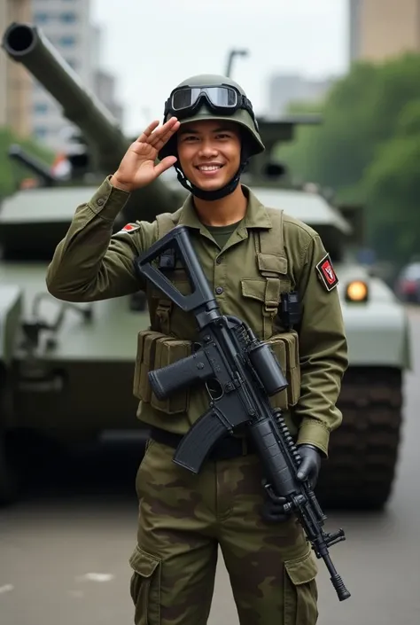 A Confident Male Indonesian Army Soldier Full Body in his 20s happy standing smiling and posing in a Indonesian Army Base in Downtown Jakarta, Indonesia wearing a Indonesian army helmet with Indonesian army goggles with a Indonesian army fatigue top with a...