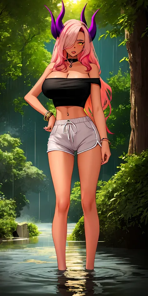 masterpiece, ultra high-quality, extremely detail 8k cg, high resolution, 1girl, mature female, trickywi, pink hair, horns, dark skin, hair over one eye, dark-skinned female, yellow eyes, navel, bare shoulders, cleavage, bare shoulders, jewelry, large brea...