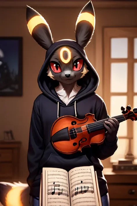 musician girl, looking at viewer, umbreon, morning bedroom background, pokemon girl in a hoody holding the violin, violin (music...