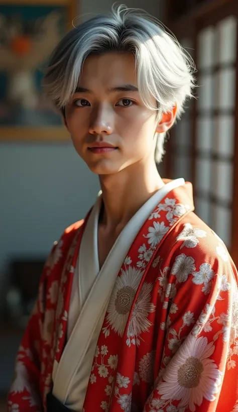  young handsome, Japan , boy, Yukata set, sexy, mane , fit, Good looking, photo, smile, teenager, Silver hair, Soft light, Sparkling eyes, 