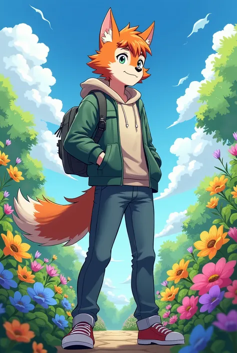 top quality, highres, High-quality illustrations, unparalleled masterpiece(movie of life)farm, Blue sky, clouds, florals Beautiful garden(furry anthro, solo, boy, casual fashion, Relux pose, Smile)absurdres, perfect anatomy, anime style, dynamic angle,