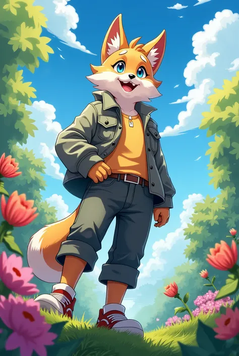 top quality, highres, High-quality illustrations, unparalleled masterpiece(movie of life)farm, Blue sky, clouds, florals Beautiful garden(furry anthro, solo, boy, casual fashion, Relux pose, Smile)absurdres, perfect anatomy, anime style, dynamic angle,