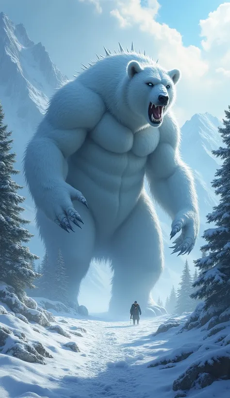 A colossal, bear-shaped kaiju with fur made of snow and ice, ice spines come out of its skin., He is bigger than mountains and his eyes as white as winter emanate a bluish light ,  walks over pine forests . At every step,  the ground instantly freezes ,  t...