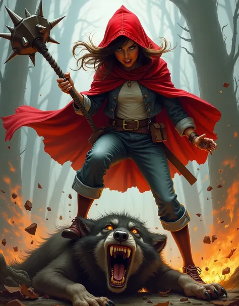 cartoon illustration, A professional illustration made with sweeping strokes, A very brutal little red riding hood, With a big club with spikes, I nailed a wolf, the wolf is shocked, put an evil wolf on a loop, put your foot in his face, showing who is in ...