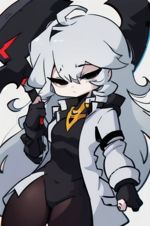  1male, solo, bigchest, feminine, white skin, white eyes, black sclera, ahoge, absurdly long hair, white hair, expressionless, white gauntlets, Holding Scythe, black scythe, inky scythe, hair over eyes, hair between eyes, (white jacket:1.1), Electric, ener...