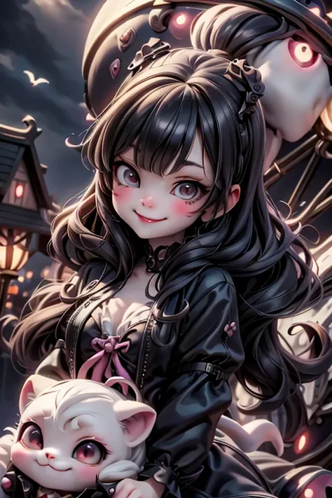 a cute vampiress smiling, riding a carousel, amusement park at night, haunted amusement park