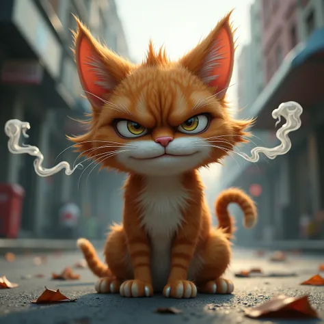 a cat in the street annoyed or angry face with closed eyes and stream coming from the nostrils