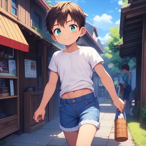 Masterpiece, best quality, high quality, 1boy, Solo, has Green eyes, has Brown short hair, wears Blu shirt with farmer jeans, has athletic and slim body, Smile, walking in the village, sunny day