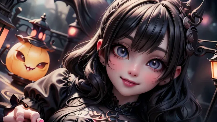 1cute vampiress smiling, carousel, amusement park at night, haunted amusement park, beautiful detailed eyes, beautiful detailed lips, extremely detailed face and eyes, detailed skin, long eyelashes, glowing lanterns, gothic, surreal, cinematic lighting, mo...