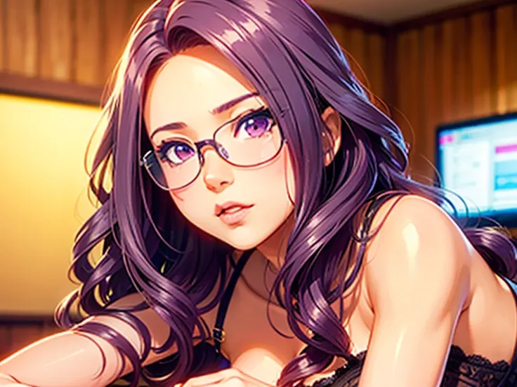 A tanned nerdy cougar with long wavy curls, a naturalistic and photographic style, hyperrealistic and detailed, realistically textured mature composition, sexy tones, Seira Sodeshiro.
