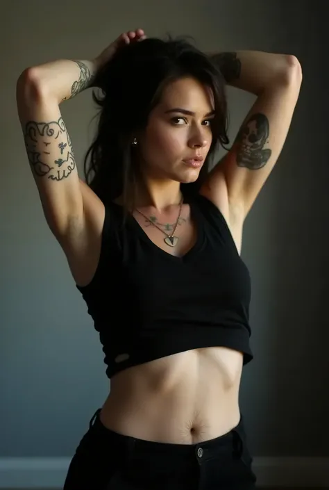 uma mulher jovem com tatuagens nos braços e um top preto e skirt está posando para uma foto, she has hairy armpits and she puts her arms up slightly, she is wearing a black regatta e skirt, wearing a short black blouse, wearing a cropped black regatta, bla...