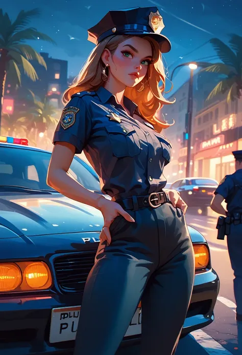 a woman standing beside a black police car on street, flashing warning light, night, police uniform black shirt and trousers , p...