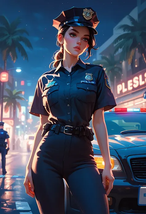 a woman standing beside a black police car on street, flashing warning light, night, police uniform black shirt and trousers , p...